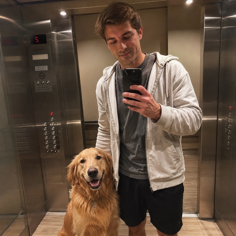 Jason M. with Cooper, a 4-year-old Golden Retriever, in an elevator